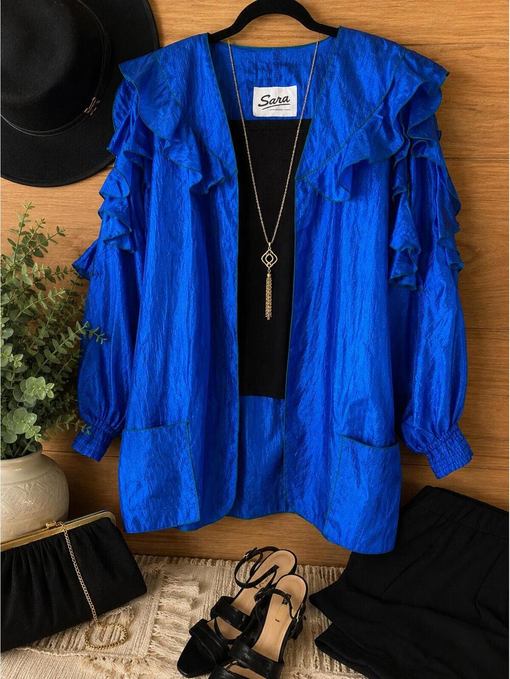 Vintage 80s Sara Cobalt Blue Ruffle with Green Trim Jacket XL Made USA
